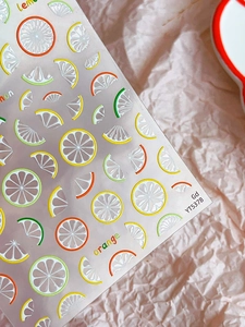 Detail of YT5378 summer citrus nail stickers featuring 3D lemon and orange patterns
