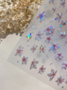 Macro view of YT5426 Pro nail stickers featuring pink cherry blossoms with laser glitter