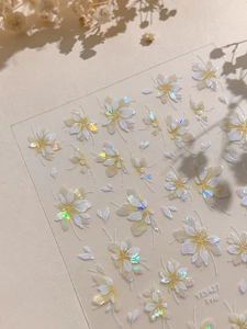 Detail of YT5427 Pro holographic white floral nail stickers with aurora finish