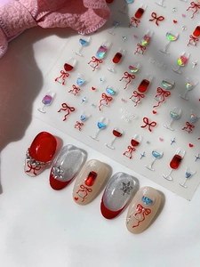 Detailed 3D bow and wine glass nail stickers with holographic laser star accents