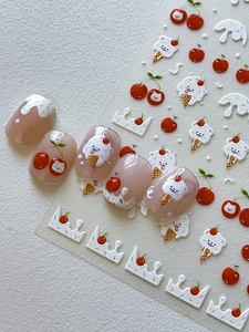 Cute cherry and ice cream nail stickers with cartoon cream designs on transparent base