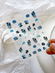 Detail of summer beach nail stickers featuring palm trees and sea stars for manicure