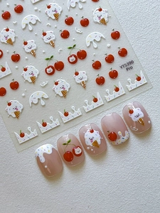 Cute cherry and cat nail stickers set with sweet cartoon patterns on pink base nails