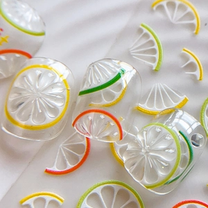 3D fruit nail stickers with lemon and lime slices on clear press-on nails for summer
