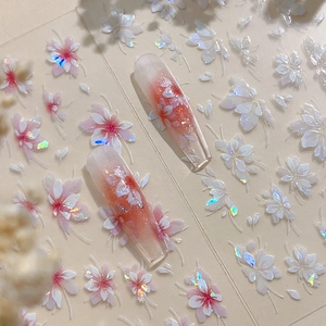 3D Embossed Flower Nail Art Stickers Holographic Laser Cherry Blossom Decals For Women Manicure Decoration Adhesive Nail Art Accessories