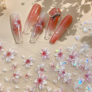 Exquisite peach pink gradient nail stickers with floral patterns and 3D bow rhinestones