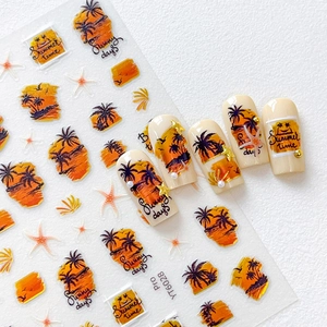 Summer sunset beach nail stickers with palm tree silhouettes and orange warm tones