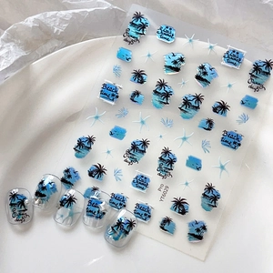 Sunset beach nail art stickers with palm trees and starfish designs in summer blue