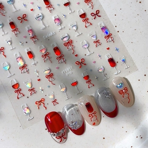 Double-layer wine glass and red bow nail art stickers for elegant professional manicure
