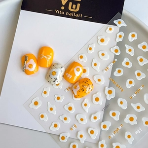 Sweet fried egg nail art stickers and yellow cartoon press-on nails set with flatware accents