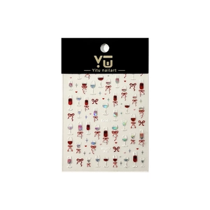 Burgundy bow and wine glass nail stickers set with glitter heart and star motifs