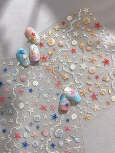 Detail of YT5942 ocean starfish nail stickers with shells and pearls for summer manicure