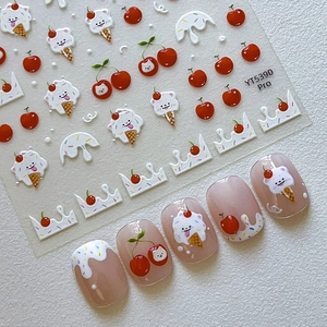 3D nail stickers featuring cute cartoon bears, cherries, and cream designs on fingertips