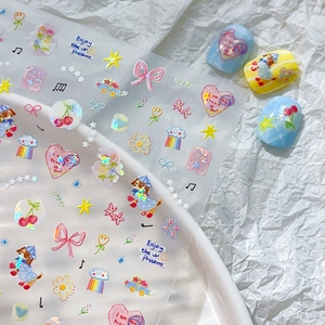 Colorful cartoon nail stickers featuring shell-glow hearts, bows, and cute puppies for DIY decor