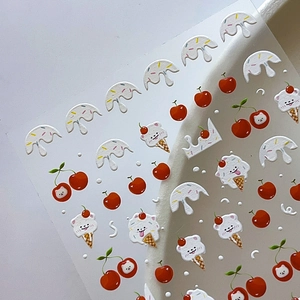 3D embossed nail stickers featuring cute cartoon puppy, cherry, and cream cake designs