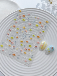 Detail showing rainbow and raindrop nail stickers applied to striped sample tips