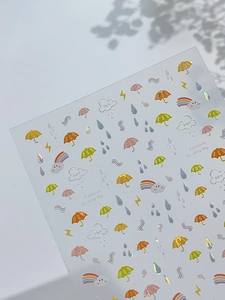 Detail of rainbow and raindrop nail art stickers with iridescent shell finish on white background