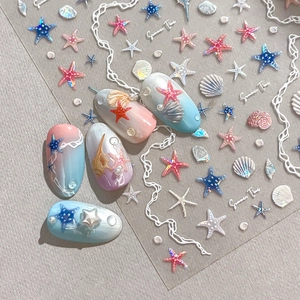5D embossed starfish and seashell nail stickers with summer ocean themed 3D relief design