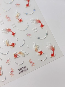 Detailed 3D embossed nail sticker featuring koi fish designs and good luck lettering