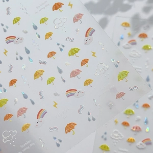 Rainbow raindrop 3D nail stickers with metallic silver edges and weather icons