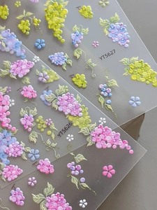 Detail showing 3D embossed nail stickers with purple grape and flower patterns