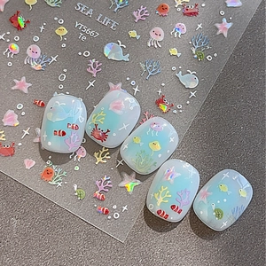 Autocollants de Nail Art Animaux Marins Mignons Dessin Animé Laser Holographique Relief 3D Baleine Étoile de Mer Décor Ongles