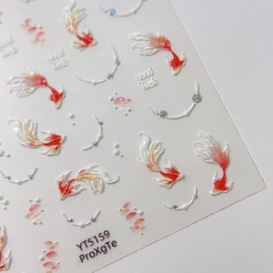 3D embossed koi fish nail art stickers with glitter textures and good luck text accents