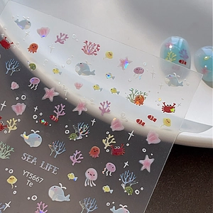 Stickers à ongles holographiques vie marine avec baleines et coraux pour manucure YT5667