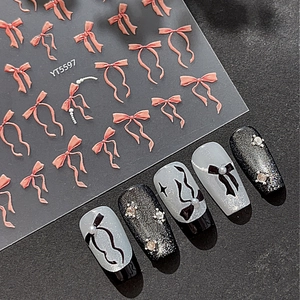 Stickers à ongles de nœuds roses en relief avec perles pour manucure élégante