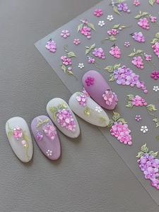 Detailed 5D embossed purple grape and flower nail stickers with 3D texture design