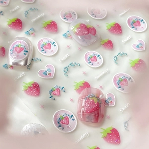Sweet Strawberry Bow 3D Relief Nail Art Stickers Cute Pink Heart Nail Decals For Women DIY Manicure Decoration