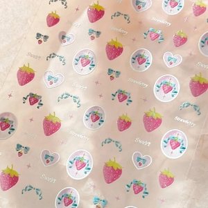 Pink strawberry and bow nail art stickers with sweet heart patterns for girl DIY manicure