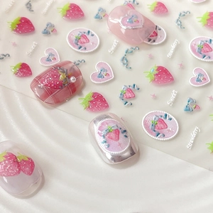 Sweet strawberry and bow nail stickers set with red hearts and star designs