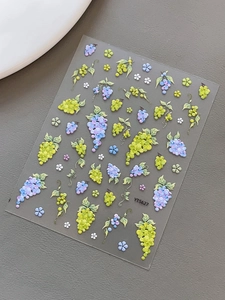Detailed relief grape and floral nail art stickers with purple fruit and green vine motifs