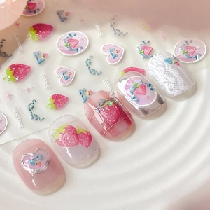 Sweet 3D strawberry and bow nail stickers with glitter hearts for manicure nail art