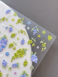 Macro shot of 3D embossed nail art stickers featuring grape and floral patterns