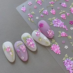 5D embossed purple grape nail stickers with elegant 3D floral designs for manicure art