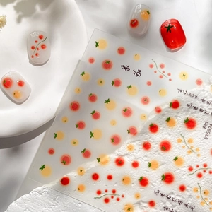 Cute tomato and floral nail art stickers with hand-painted artistic design and red accents