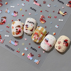 5D Relief Nail Art Stickers Cute Cartoon Dachshund Dog Cherry Heart Bone Designs DIY Manicure Decorative Decals For Women