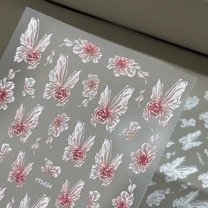 5D embossed nail stickers with pink roses and white butterflies 3D floral art