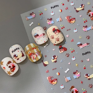 Cartoon dog nail stickers with cherry and heart patterns on 5 false nail tips