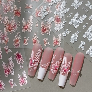 3D embossed butterfly and flower nail art stickers with pink gradient floral patterns
