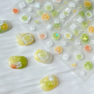 Summer Lemon Lime Citrus 3D Nail Art Stickers Glitter Embossed Fruit Designs For Women DIY Manicure Decoration Refreshing Style