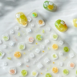 Summer themed 3D nail art decals featuring vibrant lemon slices and lime patterns