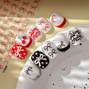 3D bow and cherry nail art stickers with red plaid and black white checkered patterns