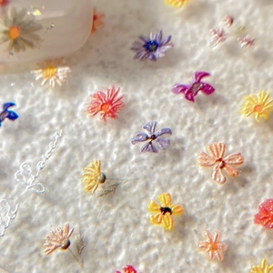 3D embossed floral nail stickers with colorful embroidery textures and glitter elements