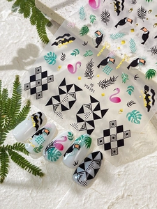 Macro detail of tropical nail stickers with flamingo designs and botanical palm leaf patterns
