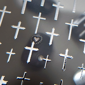 Embossed silver metal cross and heart nail art stickers with mirror reflective finish