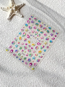 3D rainbow shell and starfish nail art stickers with embossed texture on beach sand