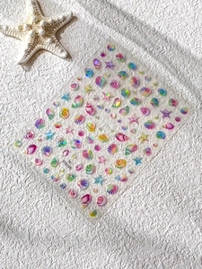 Detailed macro view of rainbow shell and starfish holographic nail art stickers YT6166